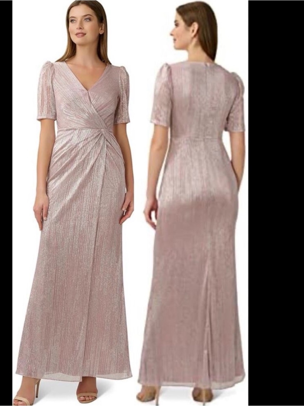 Adrianna Papell Metallic Blush Pink Wrap Maxi Dress